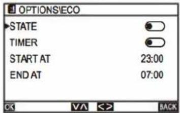 OPTIONS/IECO STATE TIMER START AT 23:00 END AT 07:00 OK VA <> BACK