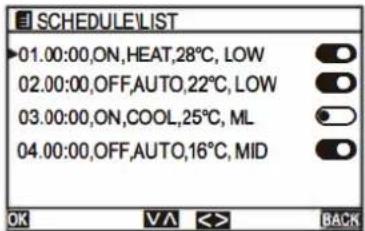 SCHEDULE\LIST 01.00:00,ON,HEAT,28°C, LOW 02.00:00,OFF,AUTO,22°C, LOW 03.00:00,ON,COOL,25°C, ML 04.00:00,OFF,AUTO,16°C,MID OK VA BACK