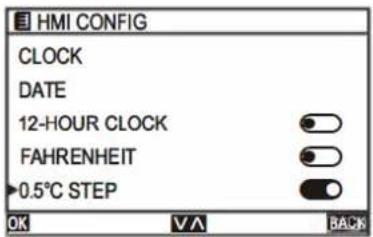 HMI CONFIG CLOCK DATE 12-HOUR CLOCK FAHRENHEIT 0.5°C STEP OK VA BACK