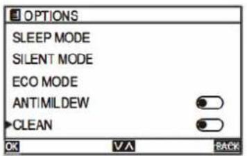 OPTIONS SLEEP MODE SILENT MODE ECO MODE ANTIMILDEW CLEAN OK ✓A BACK