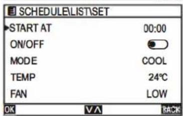 SCHEDULE\LIST\SET START AT 00:00 ON/OFF MODE COOL TEMP 24°C FAN LOW OK V/A BACK