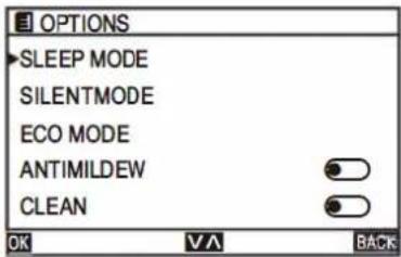 OPTIONS SLEEP MODE SILENTMODE ECO MODE ANTIMILDEW CLEAN OK VA BACK
