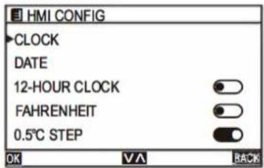HMI CONFIG CLOCK DATE 12-HOUR CLOCK FAHRENHEIT 0.5°C STEP OK VA BACK