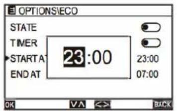 OPTIONS\ECO STATE TIMER START A 23:00 23:00 END AT 07:00 OK VA ↔ BACK