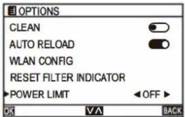 OPTIONS CLEAN AUTO RELOAD WLAN CONFIG RESET FILTER INDICATOR POWER LIMIT OFF OK VA BACK