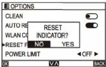 OPTIONS CLEAN AUTO RE WLAN CO RESET F NO YES POWER LIMIT OFF OK V A BACK