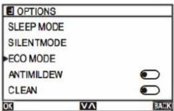 OPTIONS SLEEP MODE SILENTMODE ECO MODE ANTIMILDEW CLEAN OK VA BACK