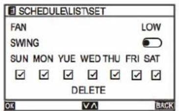 SCHEDULE\LIST\SET FAN SWING LOW SUN MON YUE WED THU FRI SAT DELETE OK VA BACK