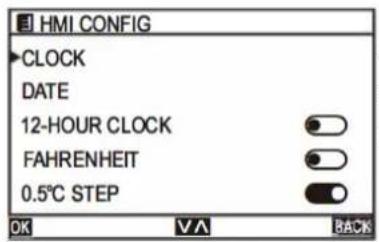HMI CONFIG CLOCK DATE 12-HOUR CLOCK FAHRENHEIT 0.5°C STEP OK VA BACK