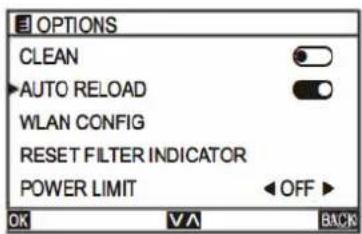 OPTIONS CLEAN AUTO RELOAD WLAN CONFIG RESET FILTER INDICATOR POWER LIMIT OFF OK VA BACK