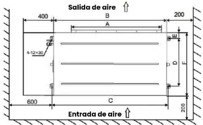 Salida de aire 400 B 200 A 4-12×30 600 C Entrada de aire E D F 200
