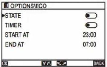 OPTIONS\ECO STATE TIMER START AT 23:00 END AT 07:00 OK V/A < > BACK