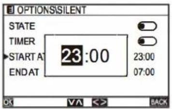 OPTIONSISILENT STATE TIMER START A 23:00 23:00 END AT 07:00 OK ✓ << BACK