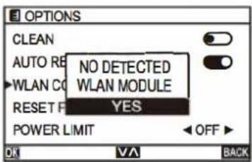 OPTIONS CLEAN AUTO RE WLAN CO NO DETECTED WLAN MODULE RESET F YES POWER LIMIT OFF OK VA BACK