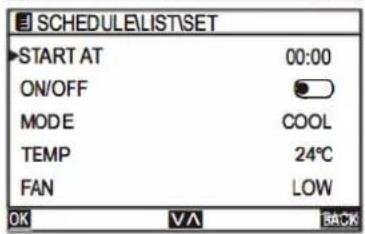 SCHEDULE\LIST\SET START AT 00:00 ON/OFF MODE COOL TEMP 24°C FAN LOW OK V/A BACK