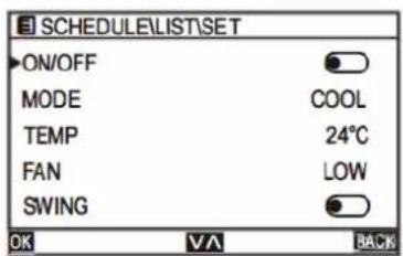 SCHEDULE\LIST\SET ON/OFF MODE TEMP FAN SWING COOL 24°C LOW OK VA BACK
