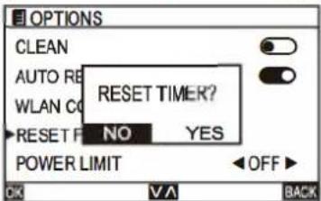 OPTIONS CLEAN AUTO RE WLAN CO RESET TIMER? NO YES POWER LIMIT OFF OK V/A BACK