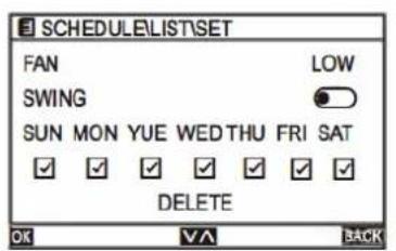 SCHEDULE\LIST\SET FAN SWING LOW SUN MON YUE WED THU FRI SAT DELETE OK VA BACK