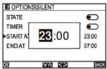 OPTIONSISILENT STATE TIMER START A 23:00 23:00 END AT 07:00 OK VA << BACK