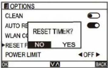 OPTIONS CLEAN AUTO RE WLAN CO RESET TIMER? NO YES POWER LIMIT OFF OK V/A BACK