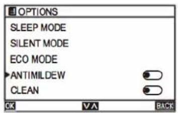 OPTIONS SLEEP MODE SILENT MODE ECO MODE ANTIMILDEW CLEAN OK √A BACK