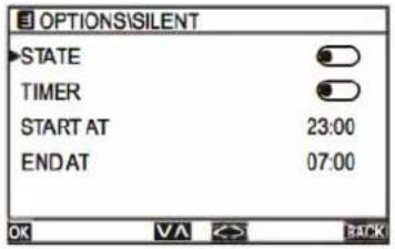 OPTIONS\SILENT STATE TIMER START AT 23:00 END AT 07:00 OK VA BACK