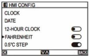 HMI CONFIG CLOCK DATE 12-HOUR CLOCK FAHRENHEIT 0.5°C STEP OK VA BACK