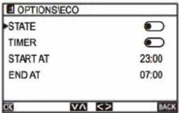 OPTIONS/IECO STATE TIMER START AT 23:00 END AT 07:00 OK VA <> BACK