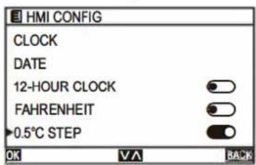 HMI CONFIG CLOCK DATE 12-HOUR CLOCK FAHRENHEIT 0.5°C STEP OK VA BACK
