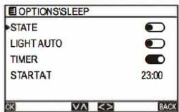 OPTIONS'SLEEP STATE LIGHT AUTO TIMER STARTAT 23:00