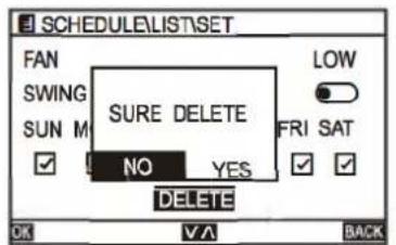 SCHEDULE\LIST\SET FAN SWING SURE DELETE LOW SUN M NO YES FRI SAT DELETE OK VA BACK