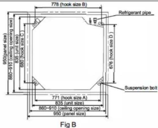 778 (hook size B) Refrigerant pipe 950 (panel size) 835 (unit size) 680 (hook size C) 676 (hook size D) 860-910 (ceiling opening size) 771 (hook size A) 835 (unit size) 860-910 (ceiling opening size) 950 (panel size) Suspension bolt Fig B