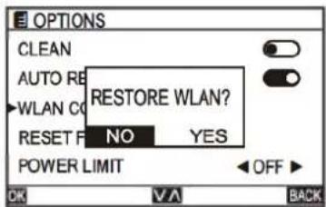 OPTIONS CLEAN AUTO RE WLAN CO RESET F NO YES POWER LIMIT OFF OK V A BACK
