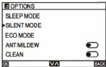 OPTIONS SLEEP MODE >SILENT MODE ECO MODE ANTIMILDEW CLEAN OK VA BACK