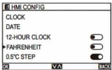 HMI CONFIG CLOCK DATE 12-HOUR CLOCK FAHRENHEIT 0.5°C STEP OK VA BACK