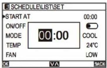 SCHEDULE\LIST\SET START AT ON/OFF MODE TEMP FAN 00:00 COOL 24°C LOW OK V/A BACK