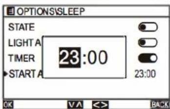 OPTIONS\SLEEP STATE LIGHT A TIMER START A 23:00 23:00 OK VA << BACK