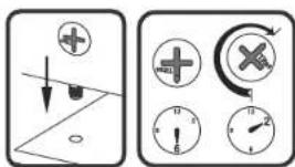 Diagram showing electrical circuit symbols and clock readings with plus and minus signs