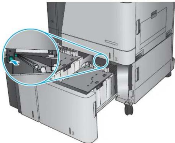 HP LaserJet Enterprise MFP M830 - Åtgärda papperstrassel i högkapacitetsmagasinet för 3 500 ark och den nedre högra luckan - 2