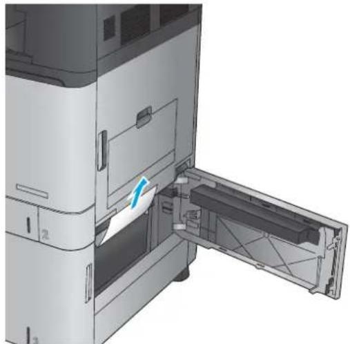 HP LaserJet Enterprise MFP M830 - Åtgärda papperstrassel i högkapacitetsmagasinet för 3 500 ark och den nedre högra luckan - 4