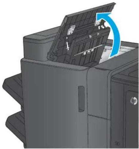 HP LaserJet Enterprise MFP M830 - Åtgärda papperstrassel vid den övre vänstra luckan på häftestillbehöret - 1
