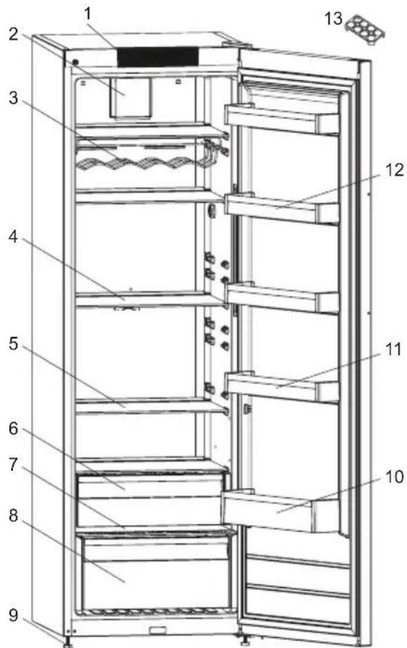 Technical diagram of a refrigerator with numbered parts for identification