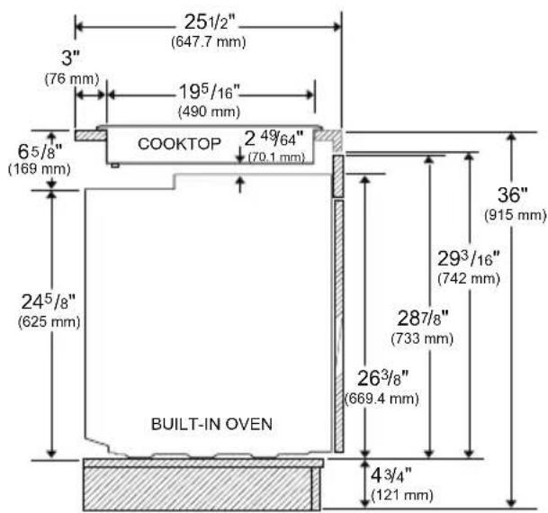 251/2" (647.7 mm) 3" (76 mm) 195/16" (490 mm) 65/8" (169 mm) COOKTOP 2 49/64" (70.1 mm) 245/8" (625 mm) BUILT-IN OVEN 293/16" (742 mm) 287/8" (733 mm) 263/8" (669.4 mm) 43/4" (121 mm) 36" (915 mm)