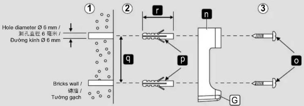 Hole diameter Ø 6 mm / 洞孔直径 6 毫米 / Đường kính Ø 6 mm ① ② r q p n ③ o G Bricks wall / 磚牆 / Tường gạch