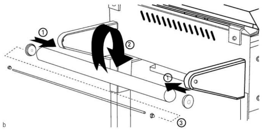 Technical diagram of a conveyor belt system with labeled components and directional arrows indicating motion or flow.