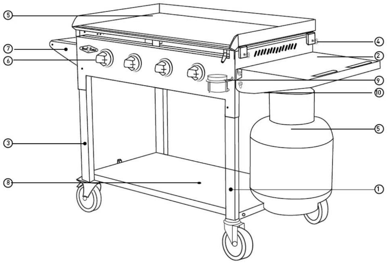 Technical diagram of a portable gas stove with numbered components for identification