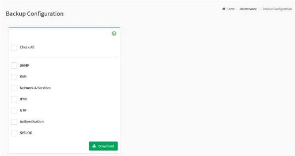 Backup Configuration Check All SNMP KVM Network & Services IPMI NTP Authentication SYSLOG Download