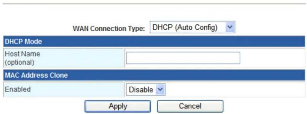 WAN Connection Type: DHCP (Auto Config) DHCP Mode Host Name (optional) MAC Address Clone Enabled Disable Apply Cancel