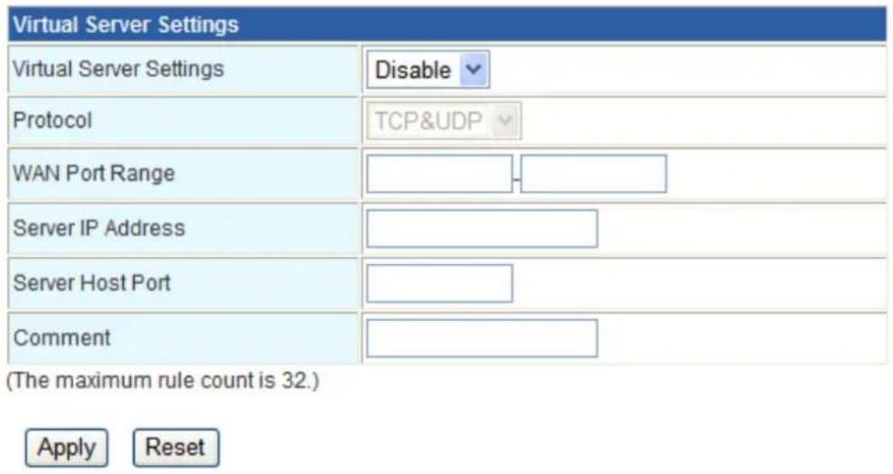 Virtual Server Settings Virtual Server Settings Disable Protocol TCP&UDP WAN Port Range Server IP Address Server Host Port Comment (The maximum rule count is 32.) Apply Reset