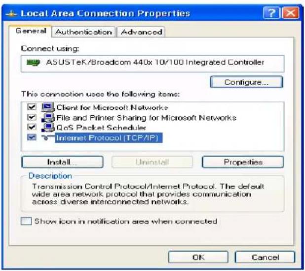 Local Area Connection Properties General Authentication Advanced Connect using: ASUSTeK/Broadcom 440x 10/100 Integrated Controller Configure... This connection uses the following items: Client for Microsoft Networks File and Printer Sharing for Microsoft Networks QoS Packet Scheduler Internet Protocol (TCP/IP) Install... Uninstall Properties Description Transmission Control Protocol/Internet Protocol. The default wide area network protocol that provides communication across diverse interconnected networks. Show icon in notification area when connected OK Cancel
